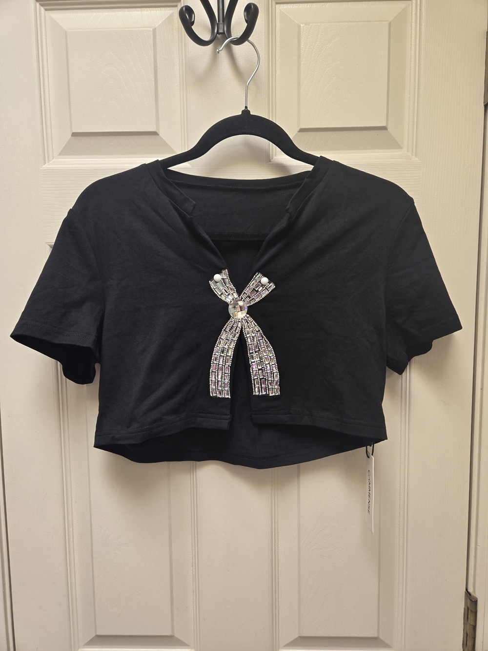 NWT Commense Black Rhinestone Bow Decorated Top, Large - Picture 3 of 6